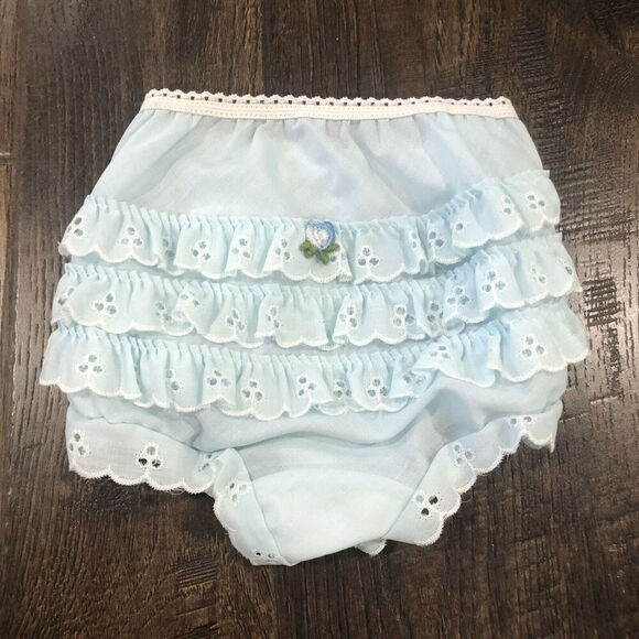 Vintage Her Majesty Size 9 Months Blue Bloomers Diaper‎ Cover Eyelet Lace Ruffle - Picture 3 of 8